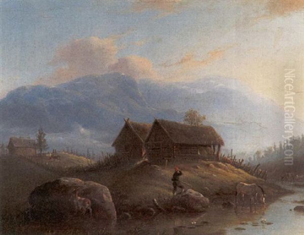 Sennhutten In Hardanger Oil Painting by Johannes Bartolomaus Duntze