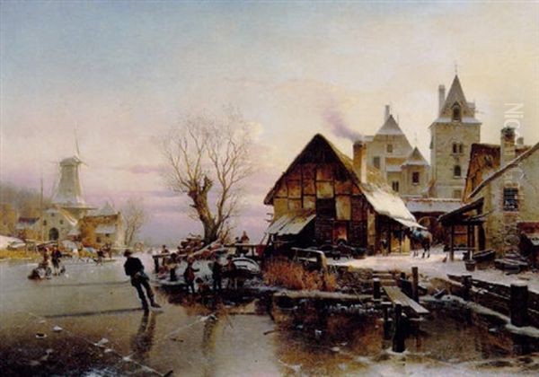 En Vinterdag Pa En Kanal Med Smadrenge Oil Painting by Johannes Bartolomaus Duntze