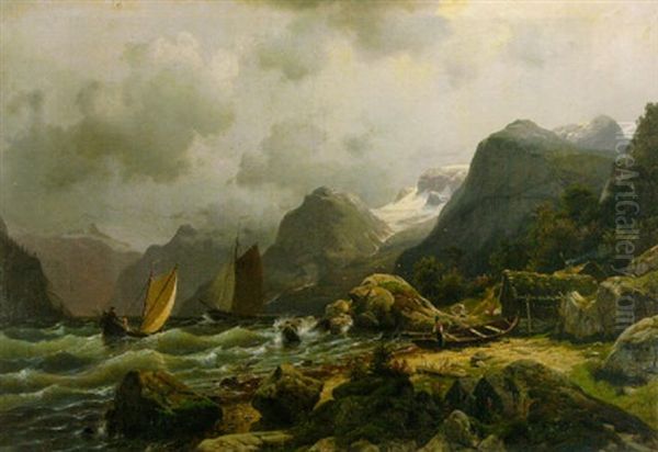Norwegische Fjordlandschaft Bei Sturm Oil Painting by Johannes Bartolomaus Duntze