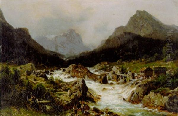 Hochgebirgslandschaft Mit Wildwasser Und Angelnden Kindern Oil Painting by Johannes Bartolomaus Duntze