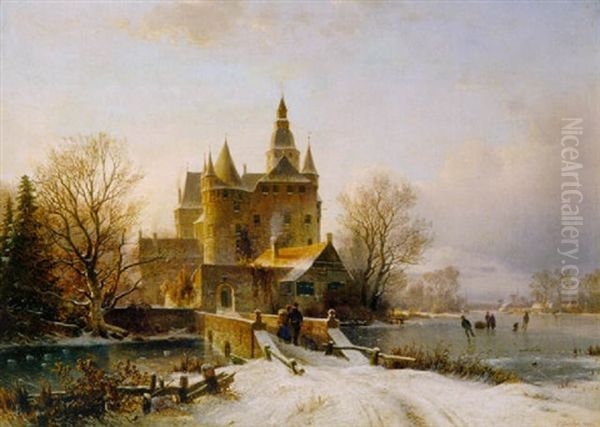 Winterlandschaft Mit Schloss Am See Bei Sonnenuntergang Oil Painting by Johannes Bartolomaus Duntze