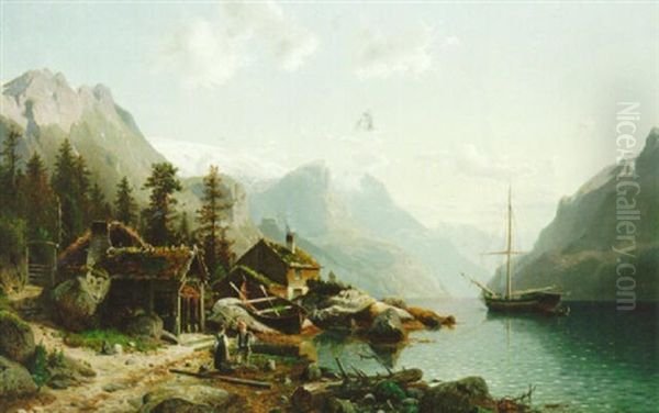 Figures Beside A Lake Oil Painting by Johannes Bartolomaus Duntze