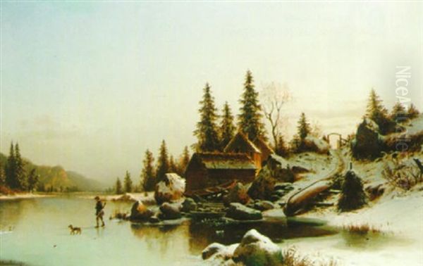 A Winter Morning Oil Painting by Johannes Bartolomaus Duntze