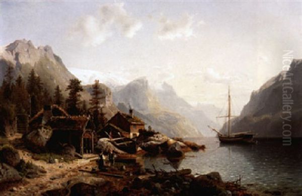 Fischerboot In Einem Fjord Oil Painting by Johannes Bartolomaus Duntze