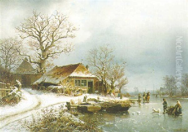A Frozen Winter Landscape Oil Painting by Johannes Bartolomaus Duntze