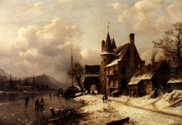 A Village In Winter By A Frozen Stream Oil Painting by Johannes Bartolomaus Duntze