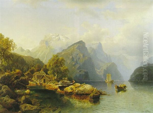 Norwegische Fjord-landschaft Oil Painting by Johannes Bartolomaus Duntze