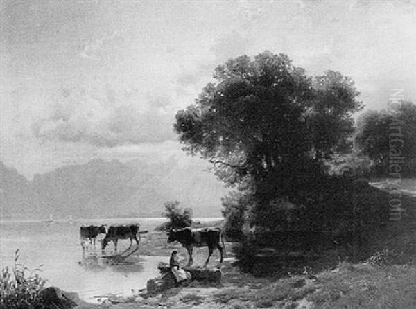 A Peasant Girl And Cows Near A Lake Oil Painting by Johannes Bartolomaus Duntze