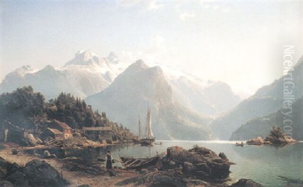 Norwegian Fjord Landscape Oil Painting by Johannes Bartolomaus Duntze