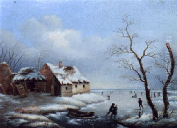 Winter Skaters Oil Painting by Johannes Bartolomaus Duntze