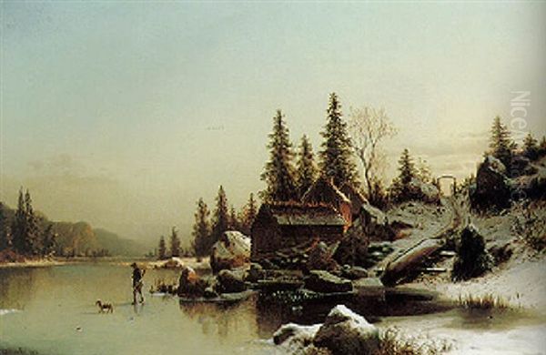 A Huntsman And His Dog In A Winter Oil Painting by Johannes Bartolomaus Duntze