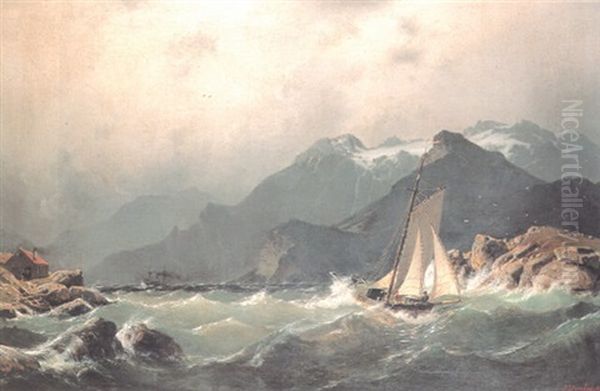 Shipping Off A Coast In Rough Seas Oil Painting by Johannes Bartolomaus Duntze