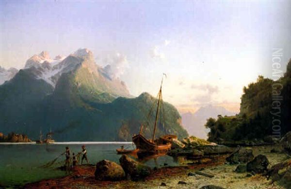 Norwegischer Fjord Oil Painting by Johannes Bartolomaus Duntze