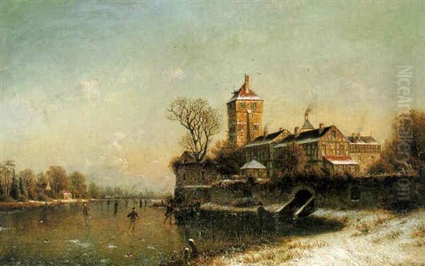 Figures On A Frozen River Before A Town Oil Painting by Johannes Bartolomaus Duntze