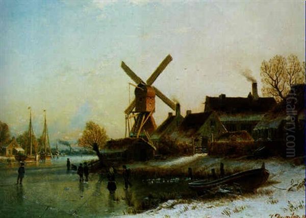 Dorf Im Winter Mit Eislaufern Oil Painting by Johannes Bartolomaus Duntze
