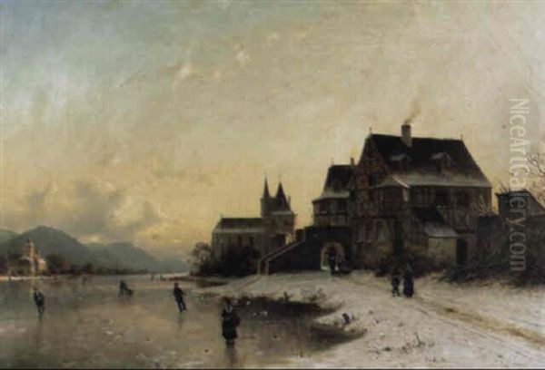 Townsfolk Skating On A Frozen Lake Oil Painting by Johannes Bartolomaus Duntze
