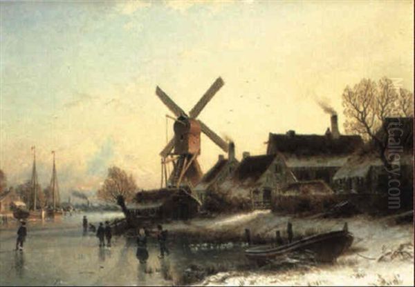 Winter Landscape With Figures Near A Village Oil Painting by Johannes Bartolomaus Duntze