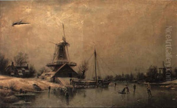 Skaters On A Frozen River Before A Windmill Oil Painting by Johannes Bartolomaus Duntze