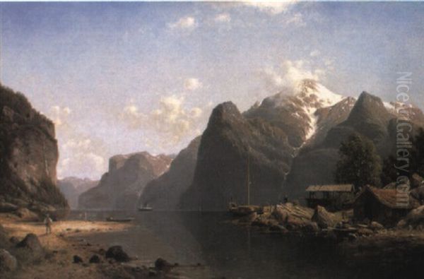 A Norwegian Fjord Oil Painting by Johannes Bartolomaus Duntze