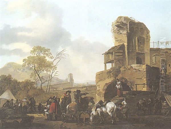 Cavaliers Et Paysans Dans La Cour De La Ferme Oil Painting by Claude Michel Hamon Duplessis