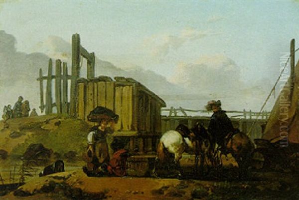 Landscape With Riders Watering Their Horses Beside A River Oil Painting by Claude Michel Hamon Duplessis