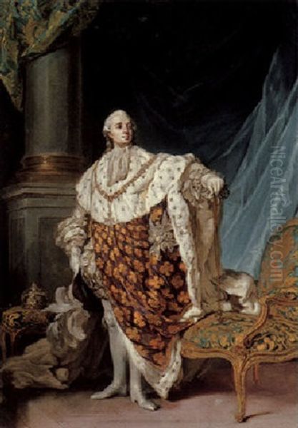 Portrait Of Louis Xvi, King Of France And Navarre, Wearing Coronation Robes And The Hat And Collar Of The Sovreign Head Of The Order Of The Saint-esprit Oil Painting by Joseph-Siffred Duplessis