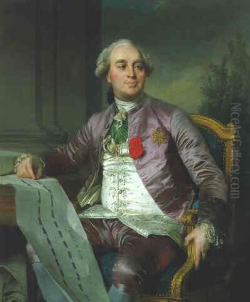 Portrait Of Charles-claude De Flahaut De La Billarderie, Comte D'angiviller, Seated Three-quarter Length With His Hand Resting On Plans Of The Grande Galerie Du Louve Oil Painting by Joseph-Siffred Duplessis