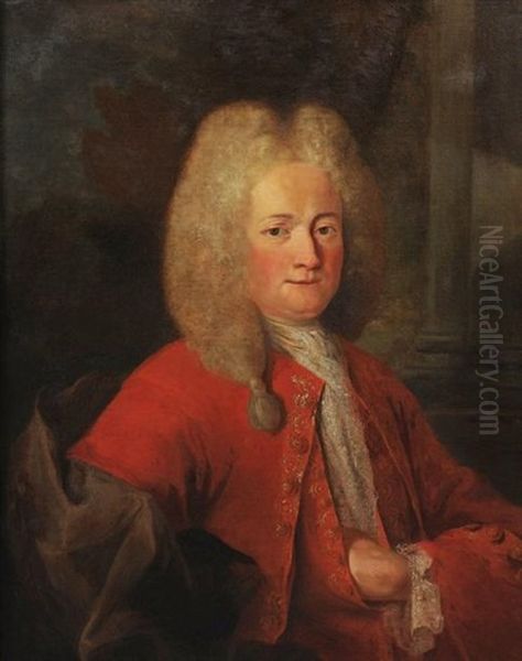 Portrait D'homme De Trois-quart En Veste Rouge Et Cravate De Dentelle, Coiffe D'une Perruque Oil Painting by Claude Dupouch