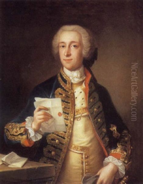 A Portrait Of Captain Welby, Of The Light Dragoon Guard In A Gold-embroidered Jacket With An Ermine-lined Silk Vest Oil Painting by Giorgio Domenico Dupra