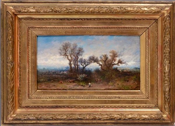 Landscape With Figure And Cows Oil Painting by Leon Victor Dupre