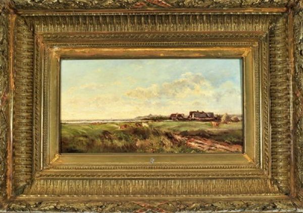 Weidelandschaft In Der Normandie, Mit Kuhen Und Dorf Im Hintergrund Oil Painting by Leon Victor Dupre