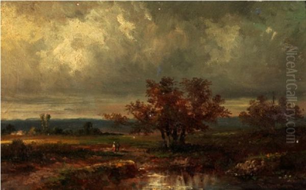 Personnages Au Bord D'une Marre Oil Painting by Leon Victor Dupre