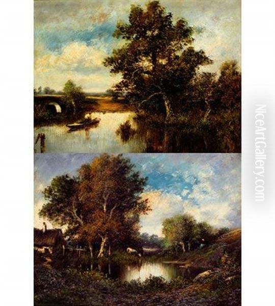 Troupeau Pres D'une Mare(+ Barque Pres D'un Vieux Pont; 2 Works) Oil Painting by Leon Victor Dupre