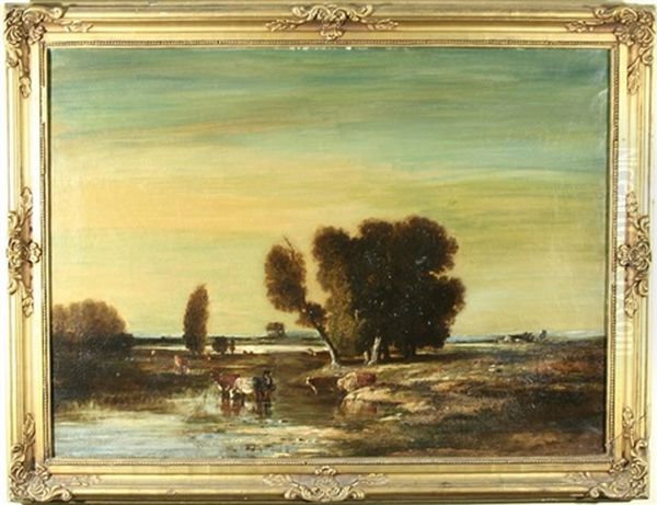 Cows Watering By A River Oil Painting by Leon Victor Dupre