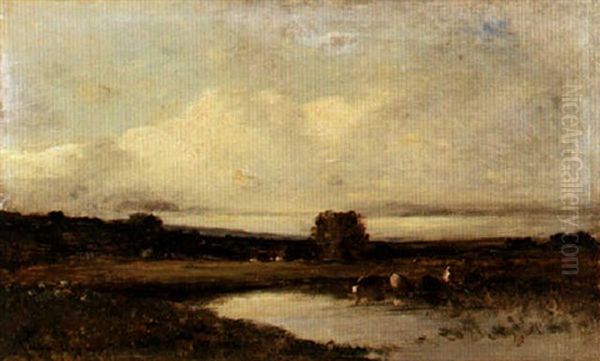 Cows And Peasants By A River Oil Painting by Leon Victor Dupre