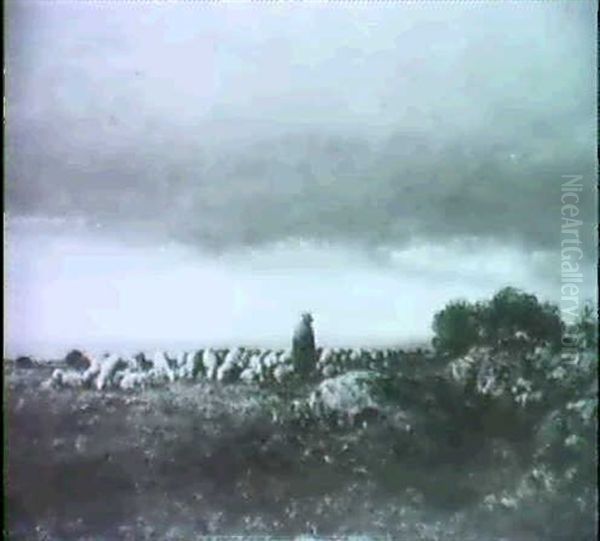 Schafer Mit Seiner Herde In Heidelandschaft Oil Painting by Leon Victor Dupre