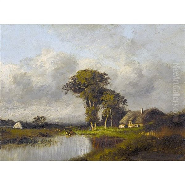 Chaumieres Au Bord De La Mare Oil Painting by Jules Dupre