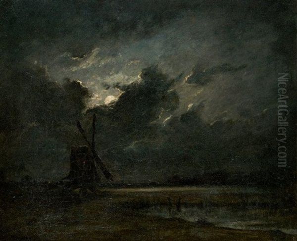 Moulin Par Pleine Lune Oil Painting by Jules Dupre