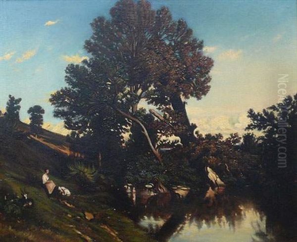 Le Repos Pres De L'etang Oil Painting by Jules Dupre