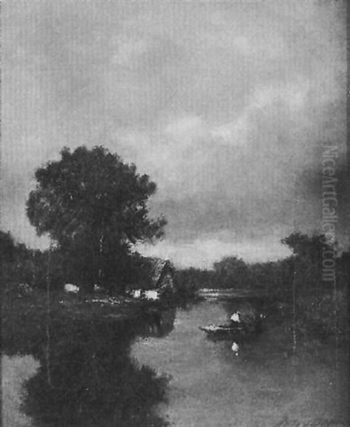 A River Landscape With A Figure In A Boat And A House With Cattle In A Field Oil Painting by Jules Dupre