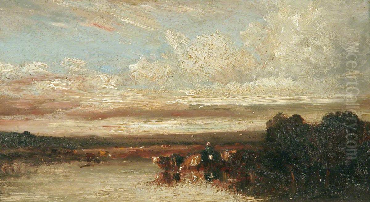 Landscape With Cattle Watering Oil Painting by Jules Dupre