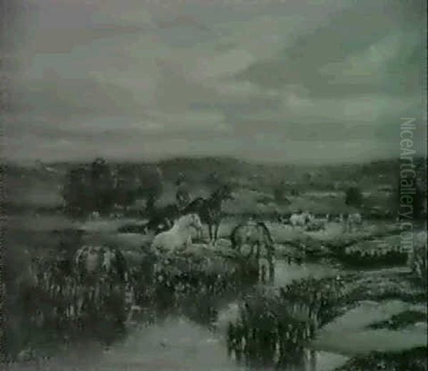 Landskab Med Heste Ved Et Vandlob, Aften Oil Painting by Jules Dupre