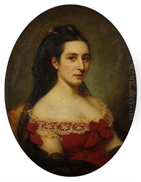 Portrait Of A Lady In A Red Dress With Lace Trim Oil Painting by Philippe Felix Dupuis