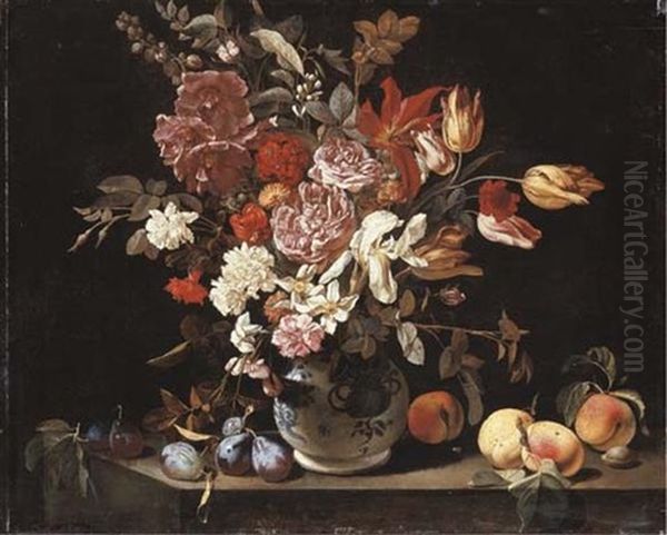 A White Iris, Tulips, Carnations, Roses, Hollyhocks And Other Flowers In A Blue And White Porcelain Vase With Plums And Peaches On A Stone Ledge Oil Painting by Pierre Dupuis