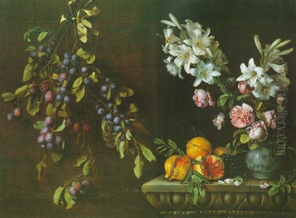 Nature Morte A La Branche De Prunier Suspendue A Un Mur, Grenades Et Vase De Lys Sur Un Entablement Sculpte Oil Painting by Pierre Dupuis