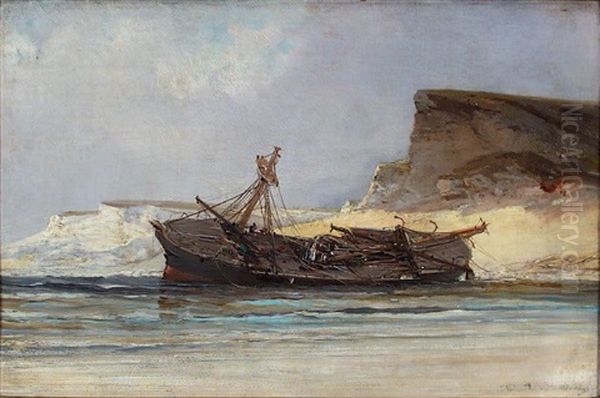 Bateau Echoue Une Plage Oil Painting by Jean Baptiste Henri Durand-Brager