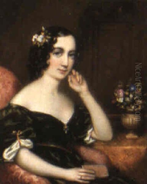 Portrait Of A Lady Seated Beside A Table With Flowers Oil Painting by Cornelius Beavis Durham