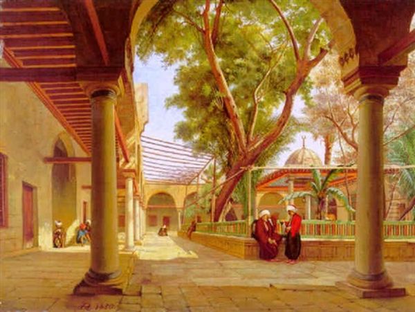 Conversation In The Interior Courtyard Of A Mosque, Istanbul Oil Painting by Johann-Ludwig Rudolf Durheim