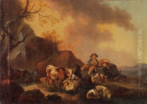 Flote Spielender Hirte Mit Seiner Herde Bei Einem Wasserfall Oil Painting by Daniel Dueringer