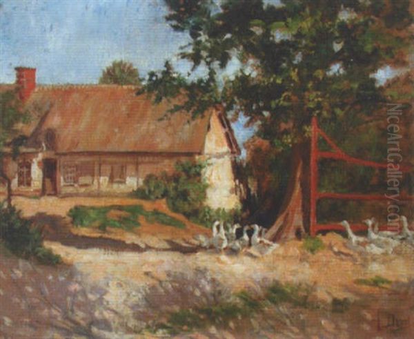 Les Oies Blanches Devant La Ferme Oil Painting by Auguste Durst
